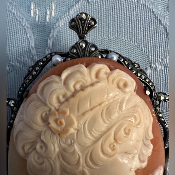 Antique Vintage Womens Pin Pendant 925 Sterling Silver Shell Cameo Brooch - Picture 15 of 16